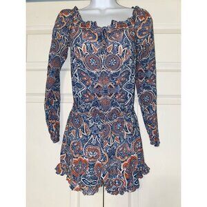 Bohemian Long Sleeve Paisley Print Romper With Ruffle Hem & Elastic Waist